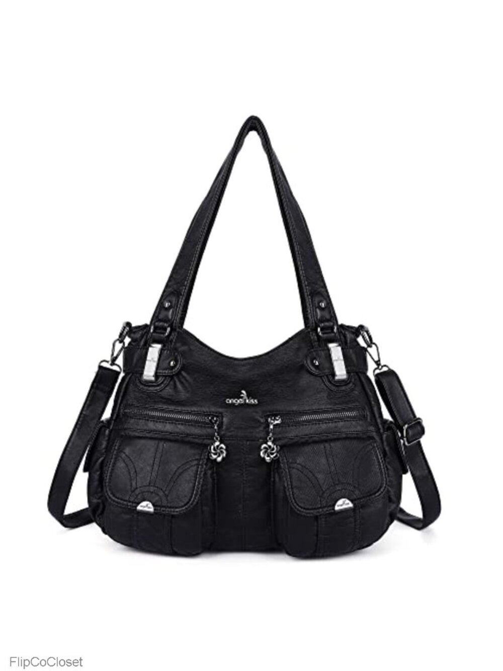 Designer Handbag Large Double Zipper Multi Pocket Washed Leather Purse